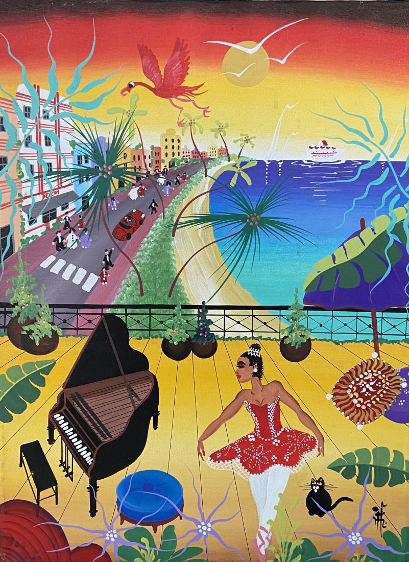 "My Ocean Drive" Naive Scene Miami, South Beach, Signed: Oil on canvas 18 x 24 in.