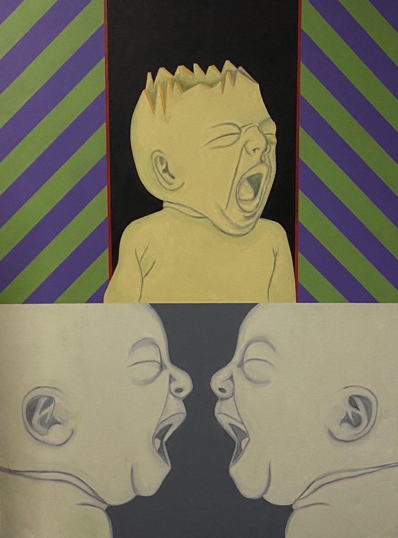 STANLEY DEAN EDWARDS(b. 1941, Illinois) Baby Crying: Oil and acrylic on canvas 36 x 48 in. The following biography is from askart.com: The following, submitted August 2005 and reviewed 2017, is from the artist.Born 1941 in Joliet, Illinois, Stanley Dean
