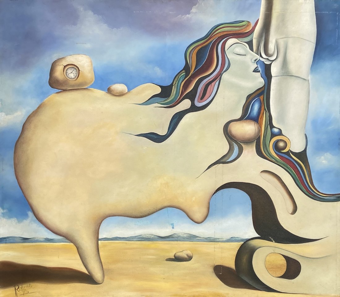 Surrealist Erotica, Signed Roberto, Style Of Dali: Large oil on canvas 45 x 51 1/2 in.