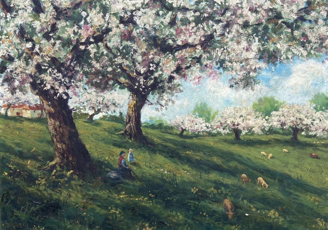 Impressionist Pastoral Landscape, Illegible Signature: Oil on board 20 x 28 in.