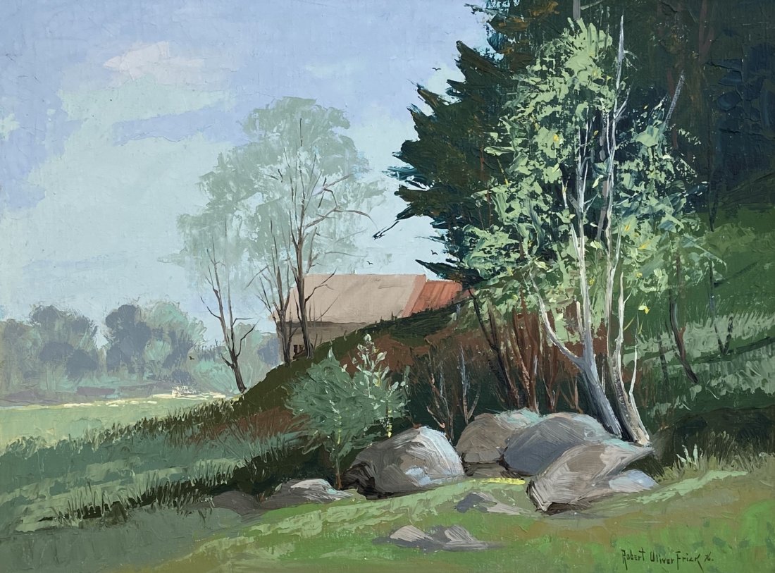 ROBERT FRICK (1920-1997, Vermont) Landscape: Oil on canvas 18 x 24 in., 22 x 28 in. (framed). The following, submitted July 2004, is from Robert O. Frick, Jr, son of the artist.Perhaps best known for his rural New England landscapes, Robert Oliv