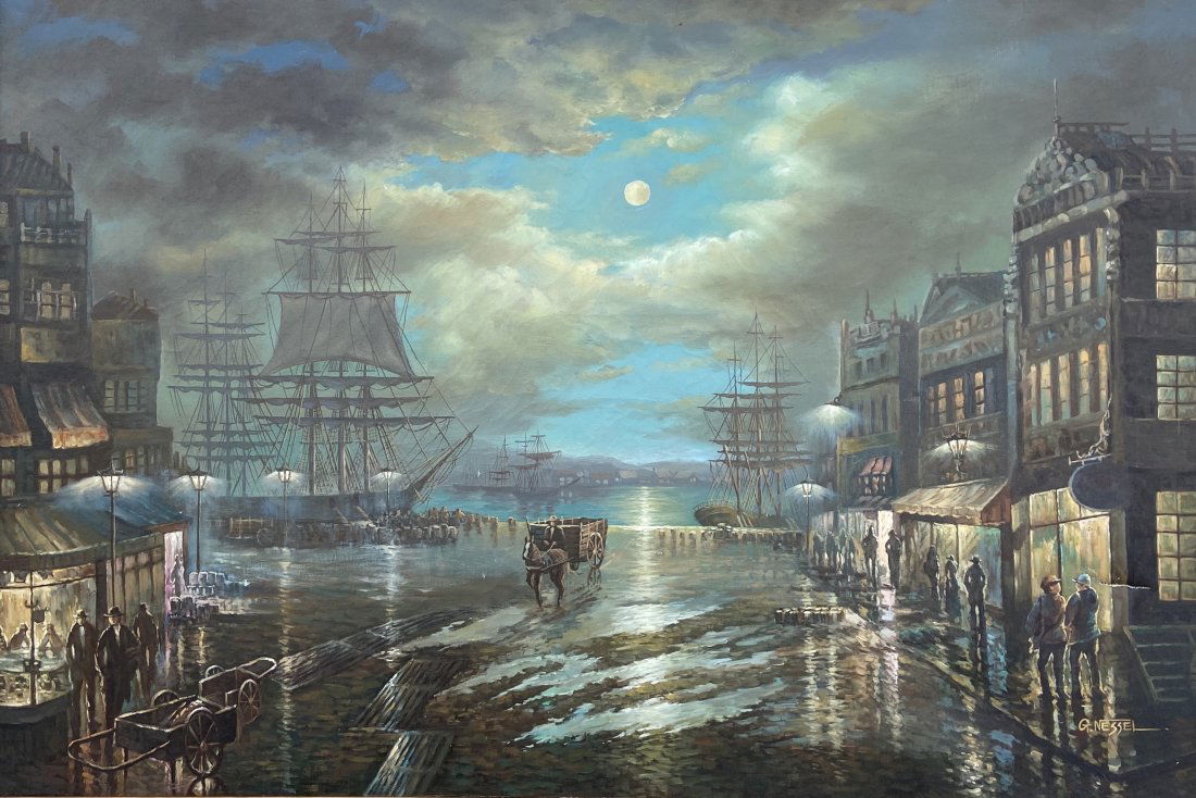 English Harbor Scene At Night Signed G. Nessel (1 of 4)