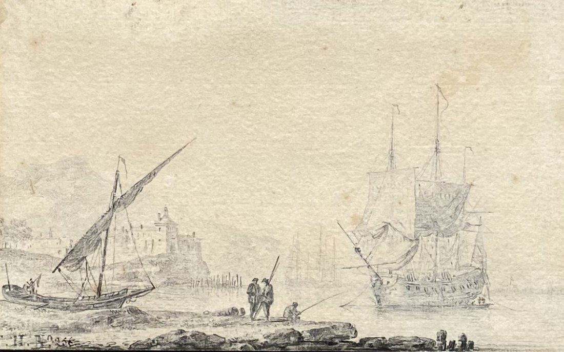 1860's French Scene Of Ships In The Harbor, Signed (1 of 5)