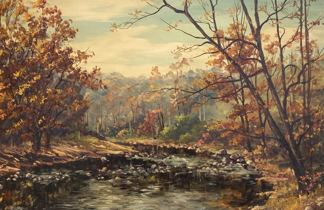 CLARENCE IRA DREISBACH (1903-2003 Pennsylvania) Poconos: Oil on board 24 x 26 in, 30 x 41 1/2 in (framed). From askart.com:B orn in Union Hill, Carbon County, Pennsylvania of Pennsylvania-Dutch Mennonite parents. Studied with the late Orlando G. Wales and a