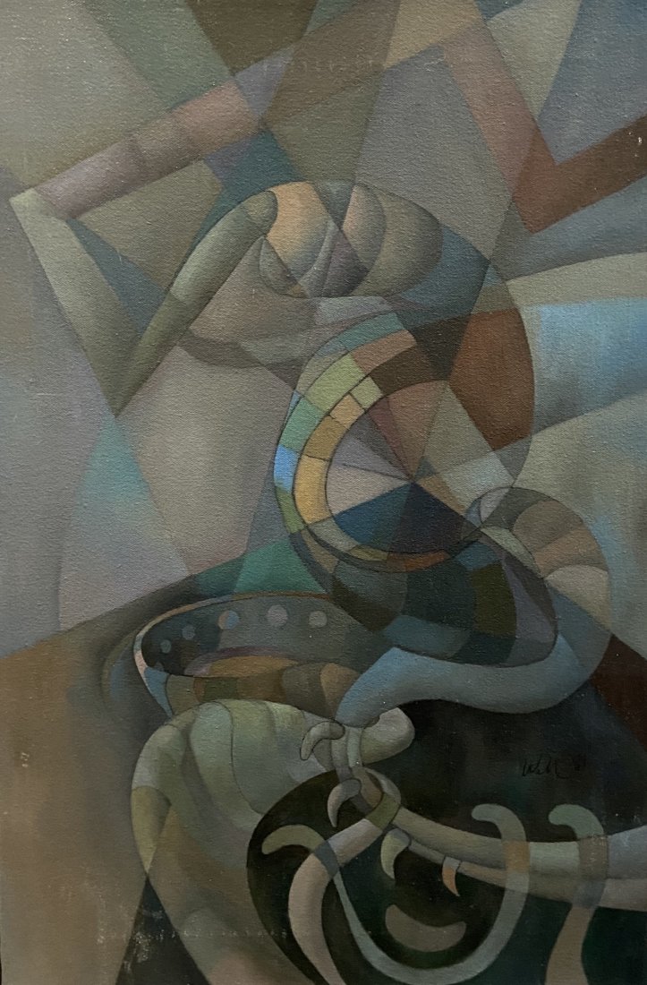 1980's Cubist Abstract, Signed: Oil on canvas 16 x 24 in.