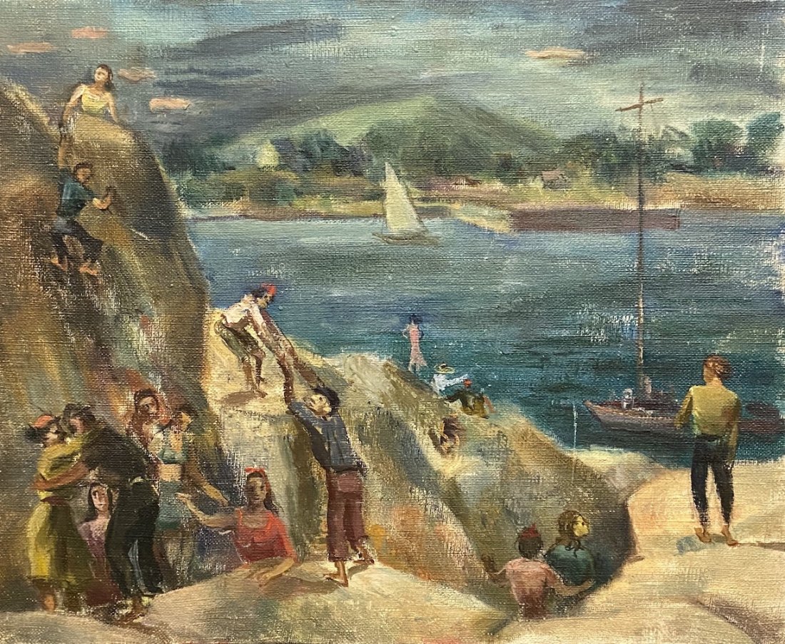 THEODORE TURNER (1922-2002, Virginia) Harbor Scene: Impressionist oil on canvas 12 x 17 1/2 in. Estate stamp on back.Charlottesville, VA artist.