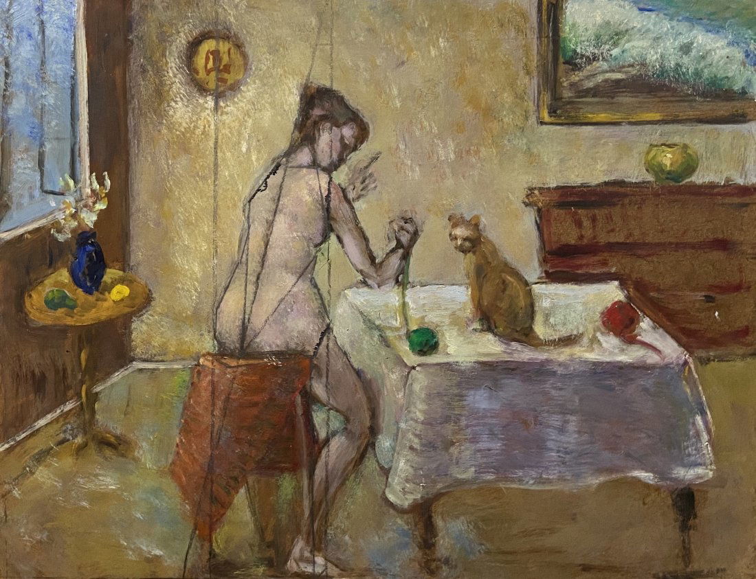 Impressionist Interior Scene, Marionette w/ Cat (1 of 2)