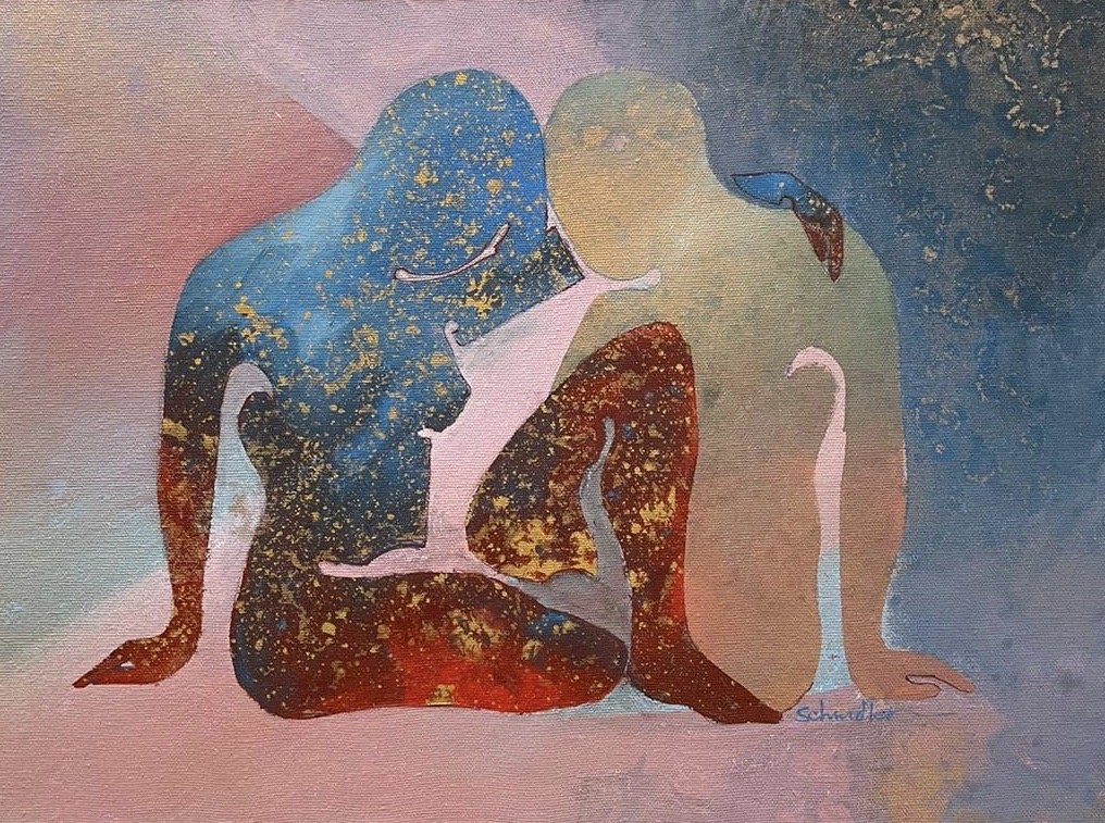 Modernist Collage Of A Couple Embracing, Signed: Oil and collage on canvas 18 x 24 in