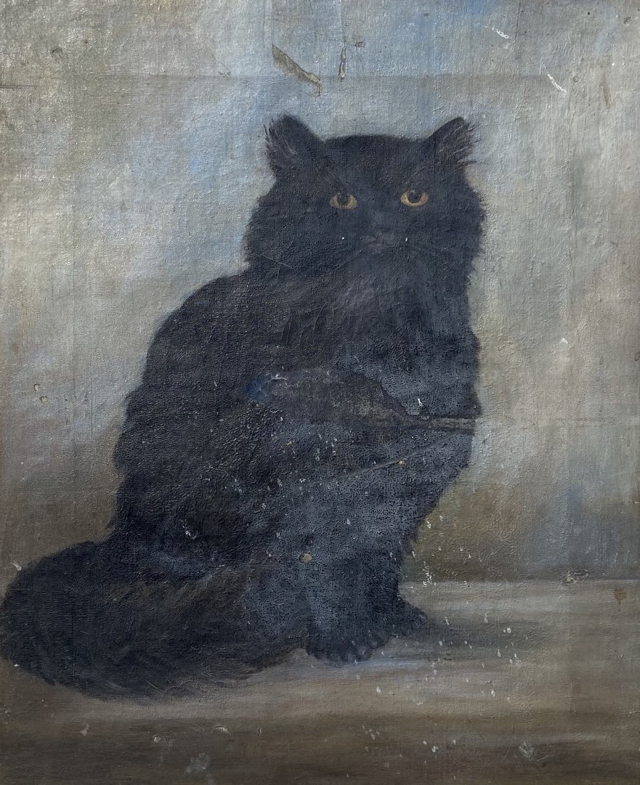Antique Painting Of A Black Cat: Oil on canvas 11 x 14 in