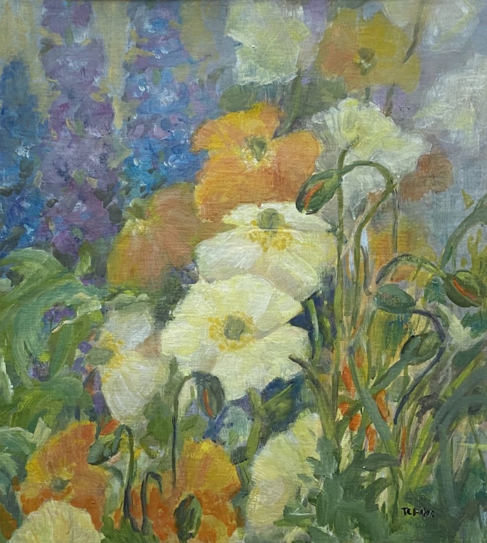 THEODORE POLOS (1901-1976, California) Flowers: Oil on board 14 x 15 1/2 in (sight), 22 1/2 x 24 1/2 in (framed).Biography from askart.com: Born on the island of Mytilene (Lesbos), Greece on Feb. 16, 1901. Polos sailed to Boston in 1917 and moved t