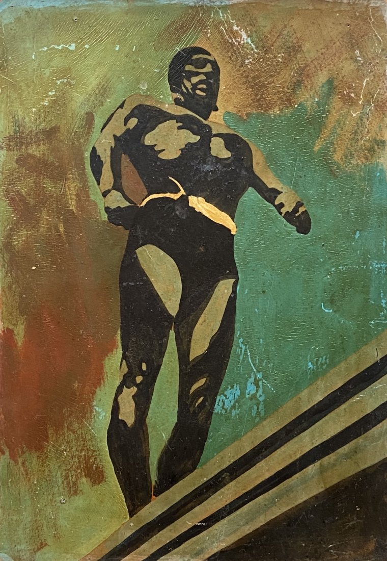 Modernist Portrait Of An Athlete, Possibly WPA Era: Oil on board 9 x 12 in, 13 x 17 in (framed)