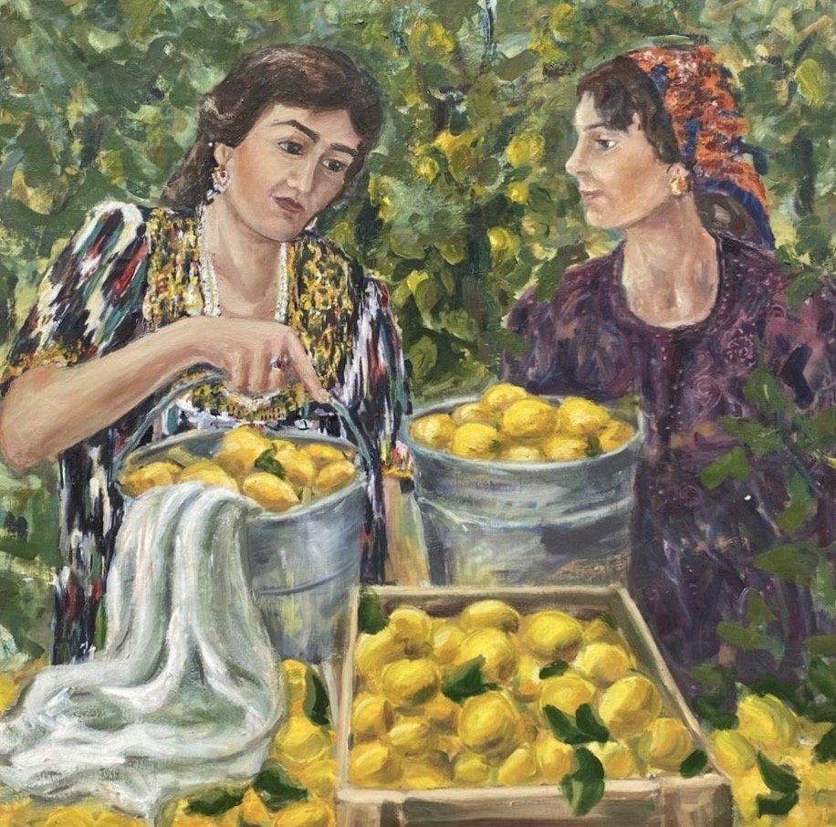 Russian Realism, Picking Lemons, Signed: Oil on canvas 44 1/2 x 44 1/2 in