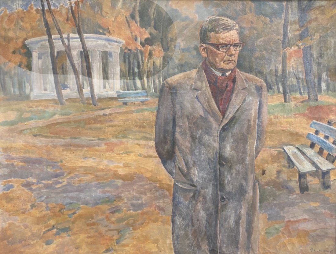 Soviet Realism, Dimitri Shostakovich In Park, Signed: Oil on canvas 40 x 50 in