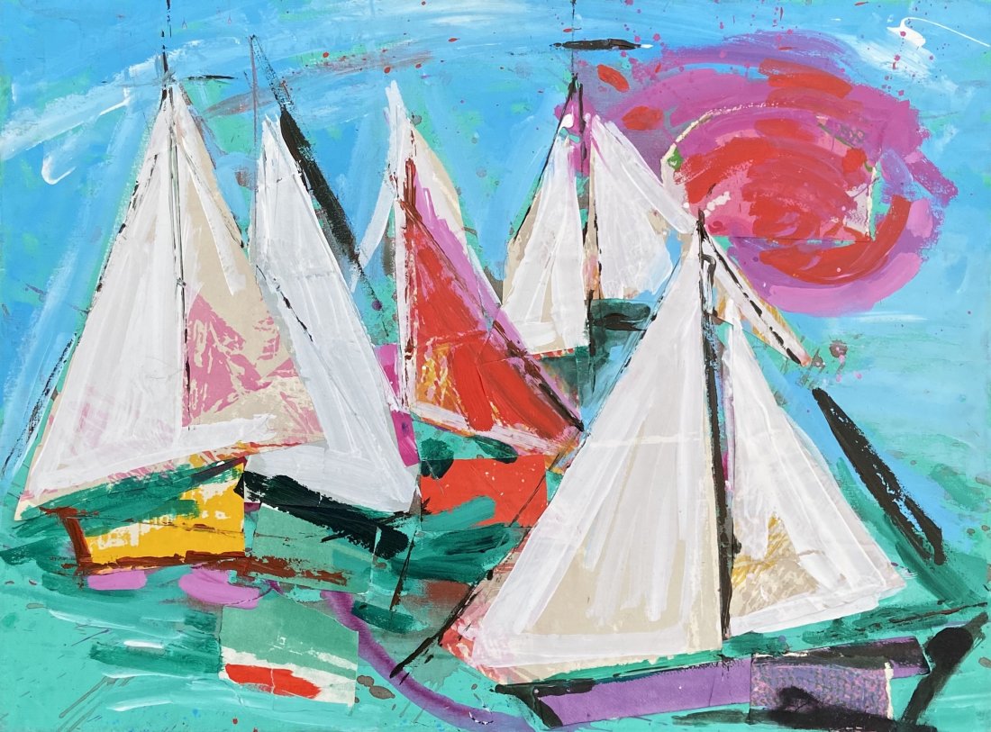 Modernist Harbor Scene Of Sailboats: Acrylic and collage on canvas 24 x 30 in