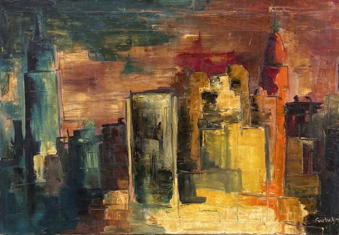 Mid-Century Modern City Scene NYC, Signed 1961 (1 of 4)