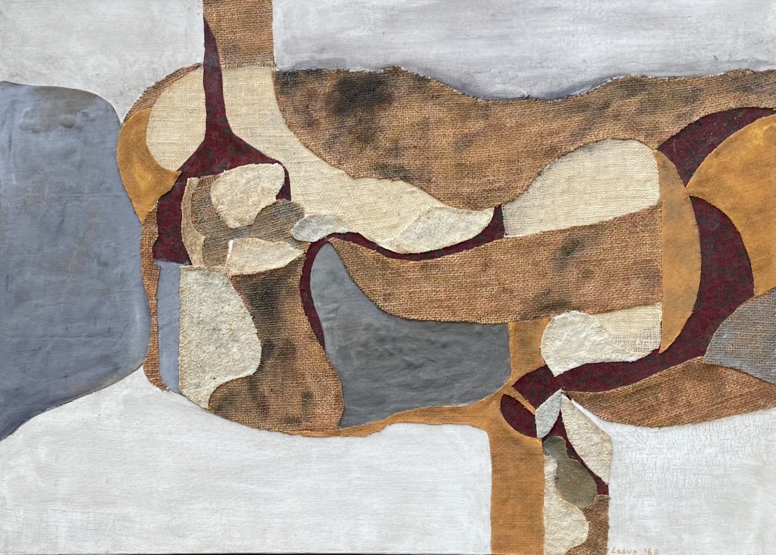 JOAN LABUN (20th c, American) Abstract: Oil ands collage on canvas 26 x 36 in