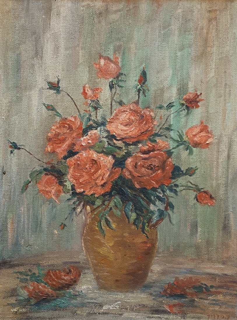Israeli Impressionist Still Life Of Flowers, Signed: Oil on board 21 1/2 x 27 1/2 in, 25 x 31 in (framed)