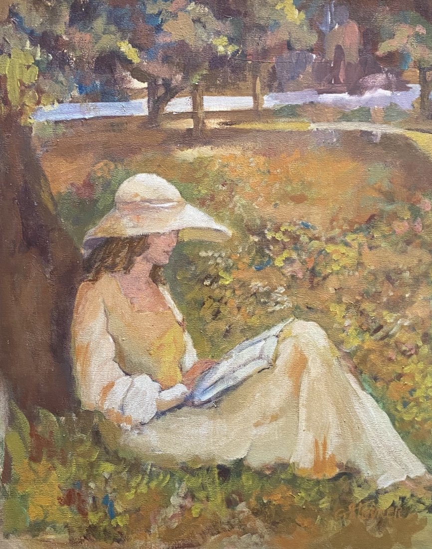 Impressionist Woman Reading In Landscape, Signed: Oil on canvas 16 x 20 in