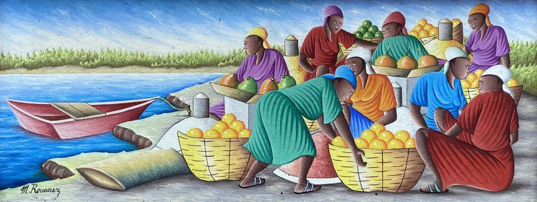 HUGH GUY ROUANEZ (20th c, Haiti) Harbor Scene: Oil on canvas 8 x 20 in