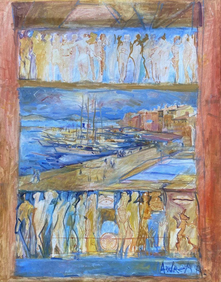 French Modernist St. Tropez Harbor Scene, Signed (1 of 4)