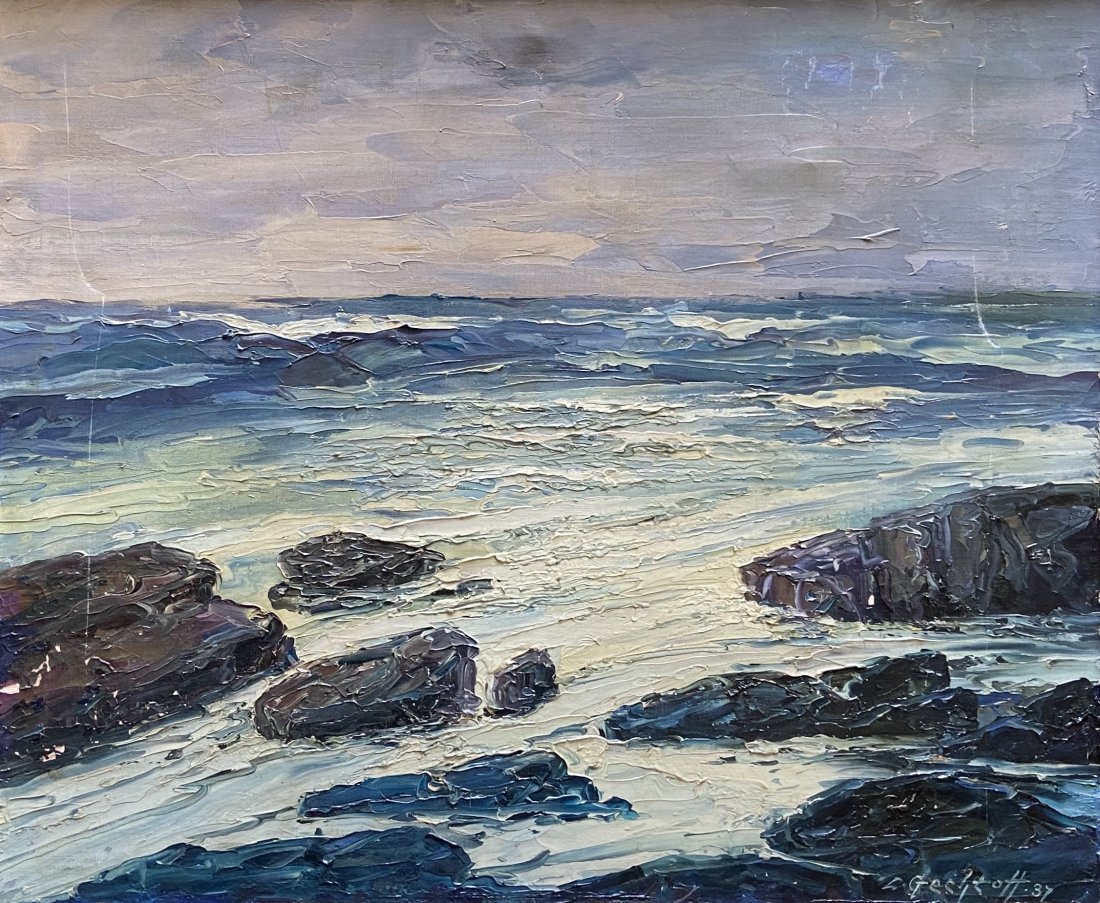 LEONID GECHTOFF (1883-1941, Pennsylvania) Seascape: Oil on canvas 25 x 20 in, 27 1/2 x 32 1/2 in (framed).