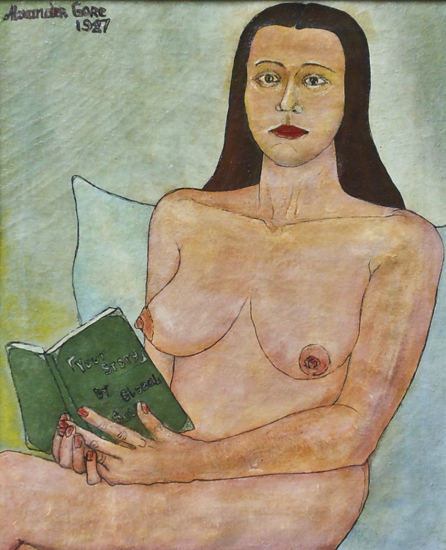 ALEXANDER GORE (b. 1958, Florida) Modernist Nude: Oil on canvas "Woman With The Book" 1987. Framed in elaborate gold frame 33 x 29 in.