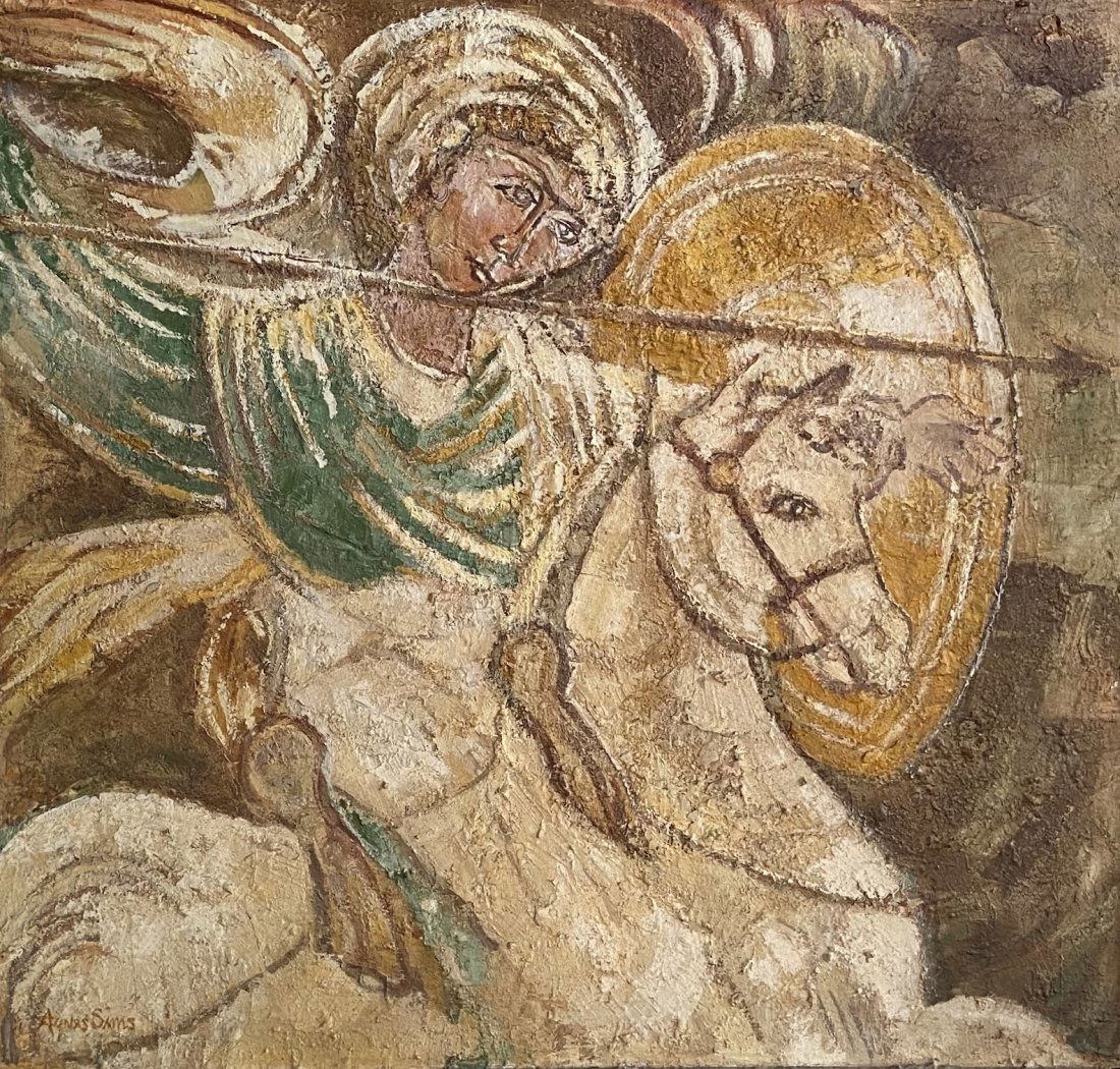 AGNES SIMS (1910-1990, New Mexico): Oil on canvas 39 x 41 in. American (1910 - 1990). Born in Devon, Pennsylvania. Sims worked in a wide array of media. Her oil paintings on canvas often were mixed with an earthen medium which gave them