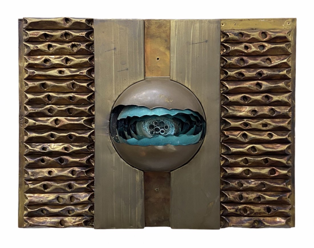 Mid-Century Brutalist Brass Wall Sculpture: Mixed metal 18 x 25 in