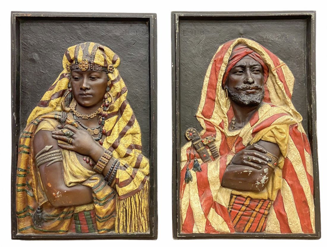 Pair Of Orientalist Polychrome Painted Plaques (1 of 3)