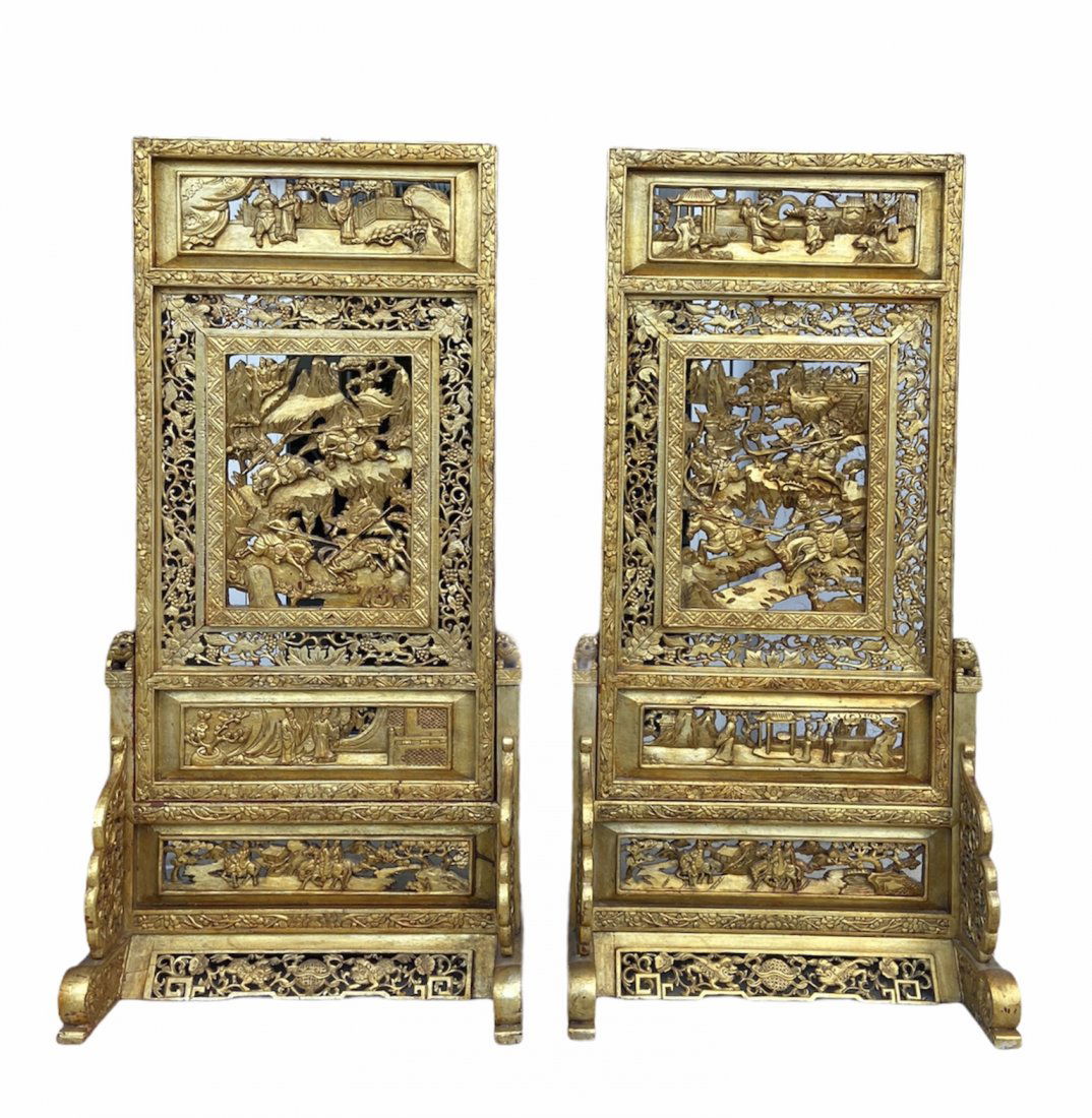 Pair of Hand Painted Oriental Gold Screens (1 of 2)