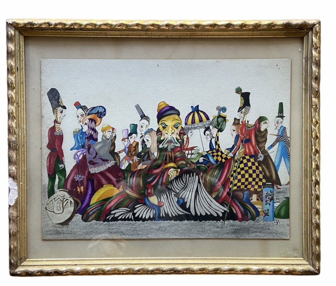 Modern Fantasy Scene Of Figures, Monogrammed Watercolor (1 of 3)