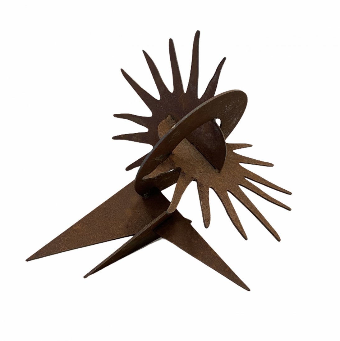 Mid-Century Modern Metal Sculpture, Signed: 12 inches high x 13 inches wide. Signed E. Elston