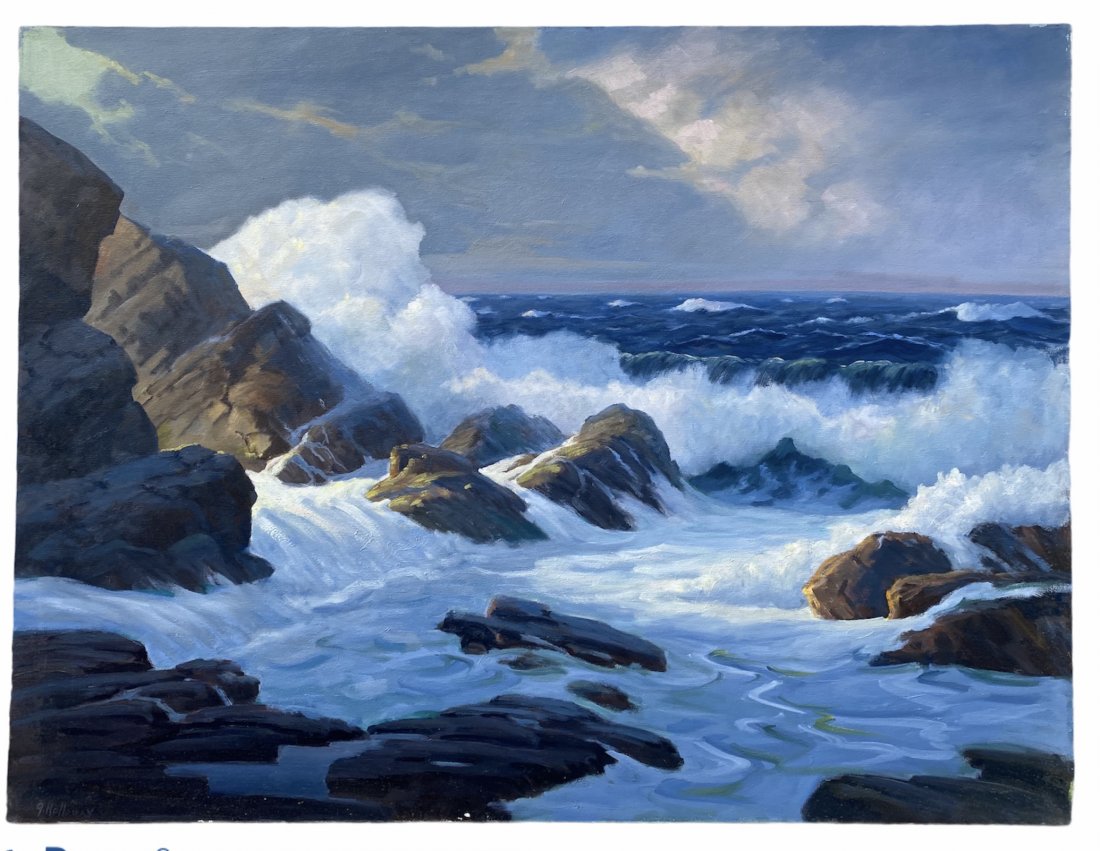 GEORGE HOLLOWAY (1882-1977, UK) Seascape: Waves crashing 40 x 30 in. Oil on canvas