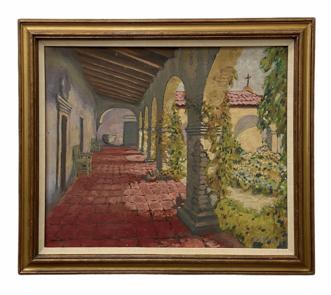 RAYMOND F WRIGHT (20th c California) Mission Capistrano: Oil on board 20 x 24 in, 24 1/2 x 28 1/2 in (framed).Mission San Juan Capistrano is a Spanish mission in San Juan Capistrano, Orange County, California.