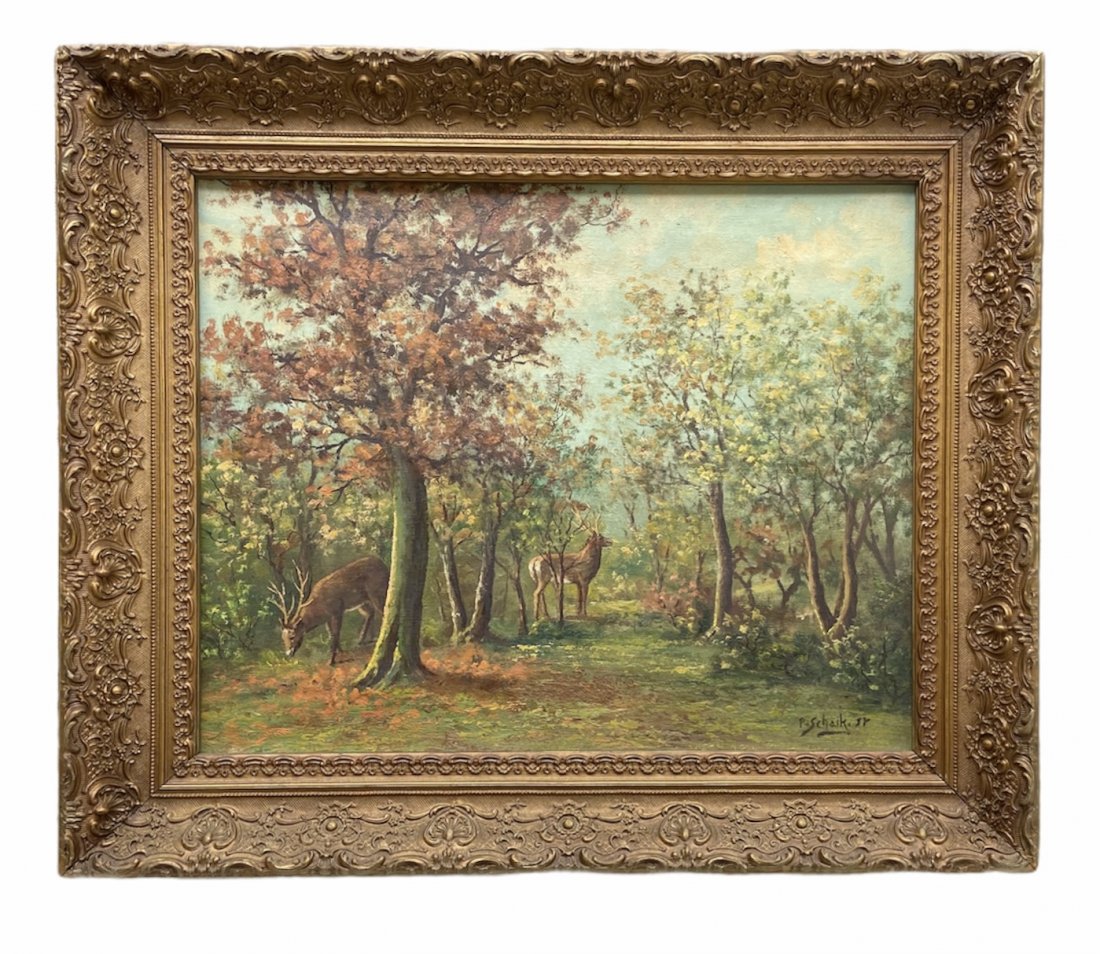 PIETER VAN SCHAIK JR (1910-1999) Landscape w/ Deer: Oil on canvas 16 1/4 x 20 1/4 in, 21 1/2 x 25 1/2 in (framed)