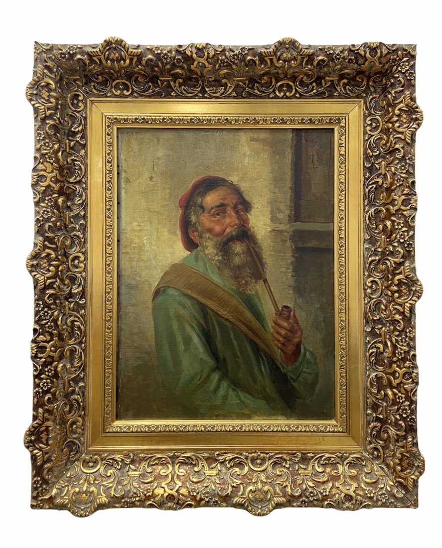19th Century Portrait Of A Man Smoking a Pipe: Beautiful frame 12 x 16 in, 19 3/4 x 23 3/4 in (framed). Signed upper right corner.