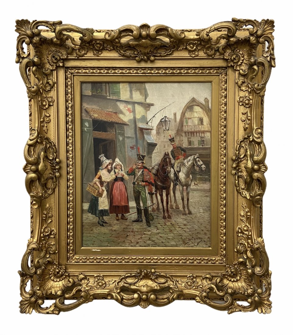 CARLOS PEREZ (1853-1929, Spain) Street Scene: Oil on canvas 15 x 18 1/2 in, 25 x 29 in (framed)