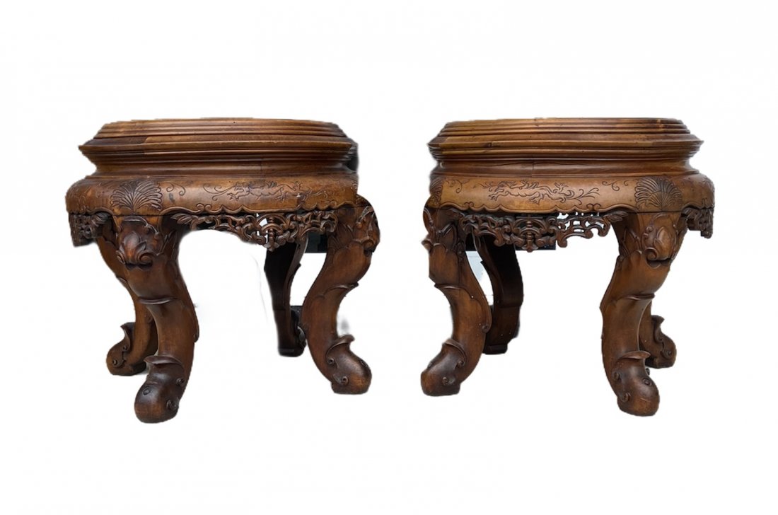 Pair Of Oriental Carved Wood Stools: 21 in high x in 20 width