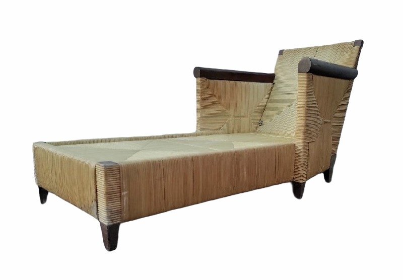 1990's Deco Revival Lounge Chair By John Hutton Donghia: Constructed of solid mahogany case with woven wicker parquetry creating a symmetrical geometric diamond pattern. Great design and craftsmanship. 30in W x 48 1/2in D x 29 1/2in H