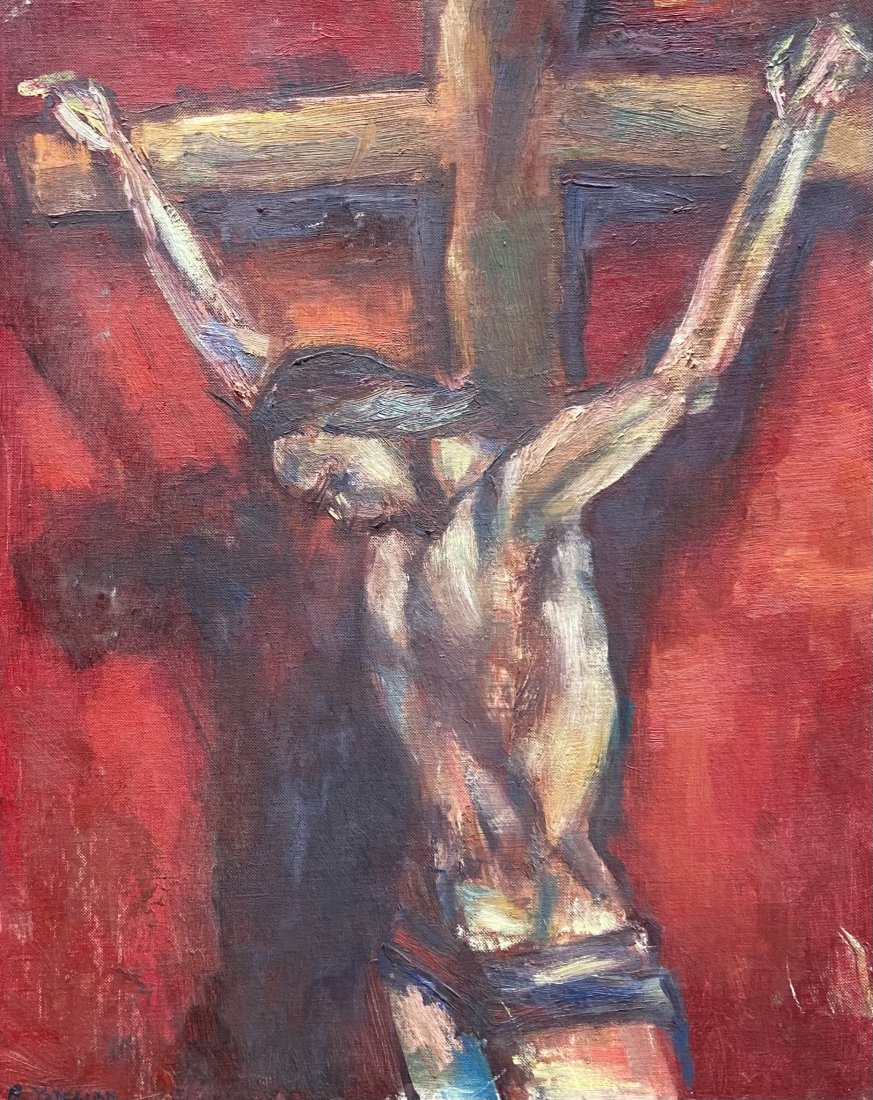 BARBARA YETERIAN (20th c, American) Jesus Christ: Armenian American artist. Depicting the crucifixion of Jesus Christ. Oil on board 20 x 16 in