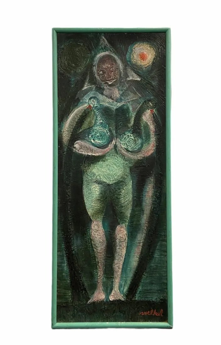 Mid-Century Modern Jester Painting, Signed: Oil on masonite 20 x 49 in