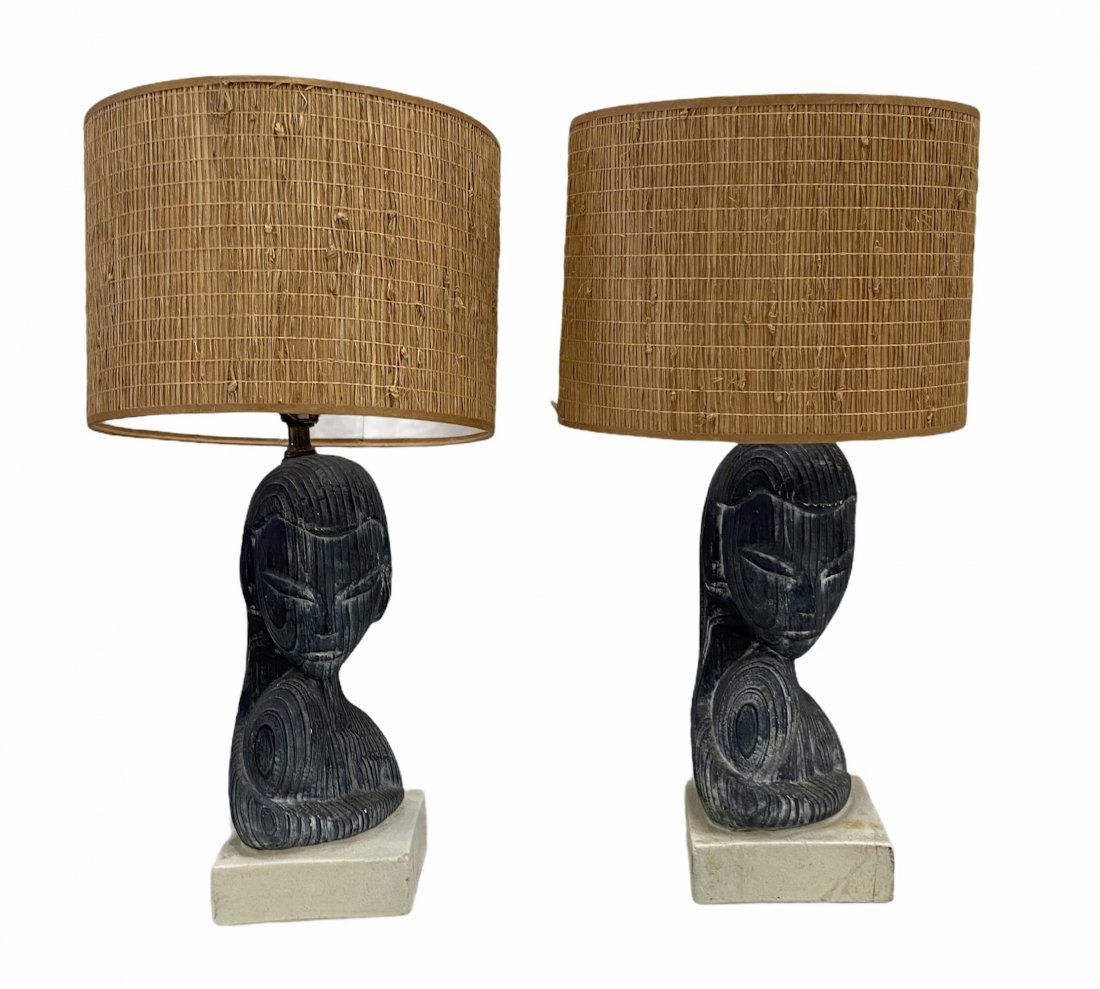 Mid-Century Modern Figural Lamps, Rattan Shades (1 of 3)
