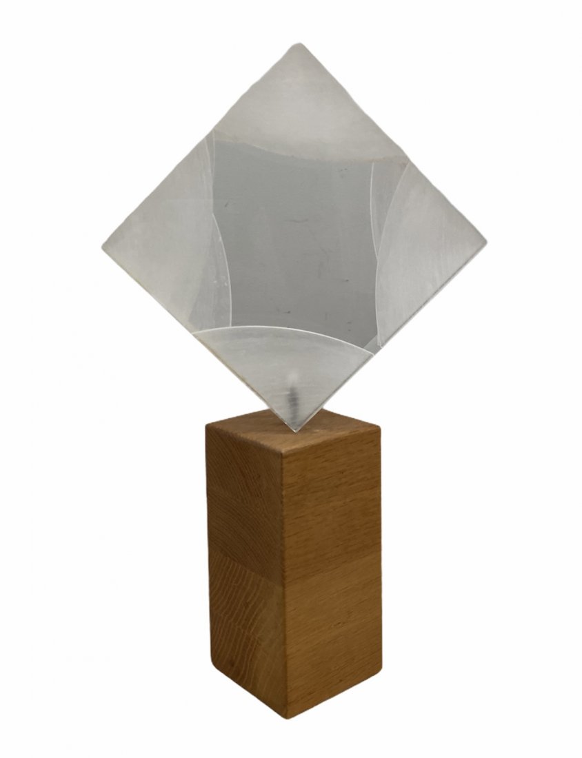Mid-Century Modern Geometric Lucite & Wood Sculpture: 14 1/4 in high, 8 wide x 2 inches think