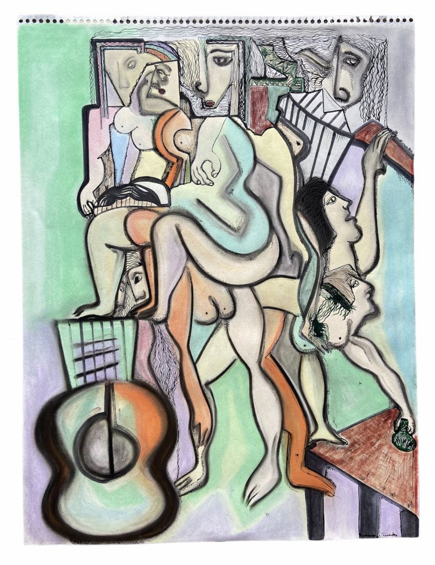 Latin American Cubist Orgy Scene, Signed (1 of 3)