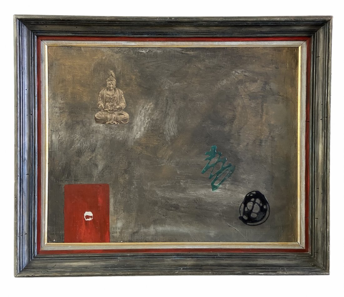 Mid-Century Modern Abstract, Buddhist Motif: Oil on canvas 28 x 22 in, 33 1/2 x 27 1/2 in (framed)