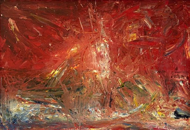 Red Abstract Expressionist Painting Illegible Signature (1 of 3)