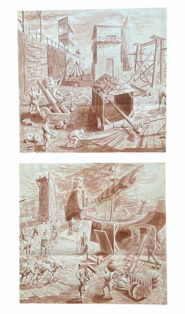 JAMES LANDGRAF (American, 20th C.) WPA Shipyard: 19 x 18 in each. Watercolors on paper