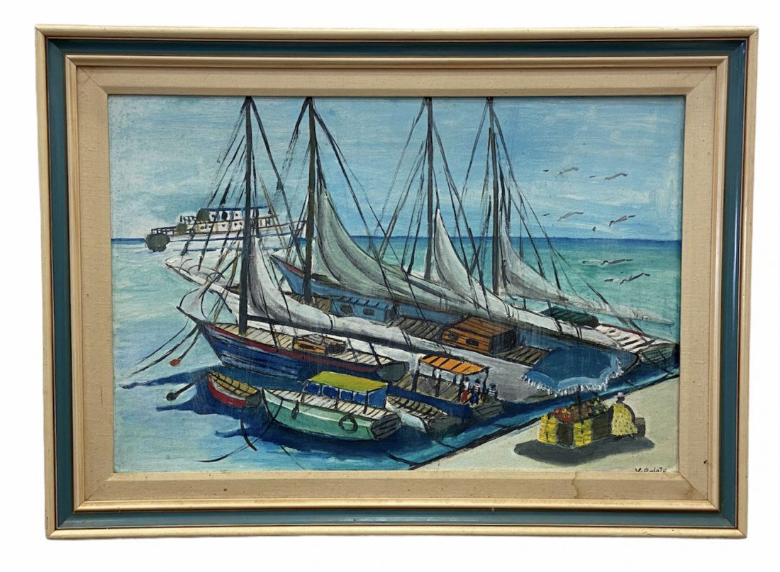 Large French Harbor Scene Signed R. Galate (1 of 2)