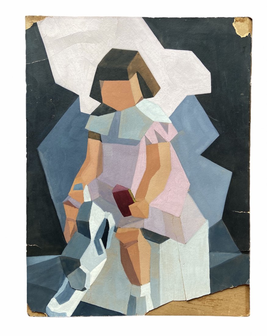 Polish Cubist "My Doll" Watercolor On Cardboard: Sold as is 18 x 24 in