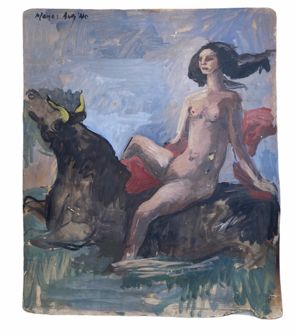 Nude Woman On Bull Signed Meyer 1940: 23 x 19 in. Late WPA look